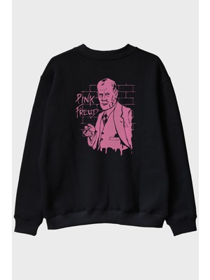 Lofux Pink Freud Baskılı Mizahi Tasarım Siyah Bisiklet Yaka Sweatshirt