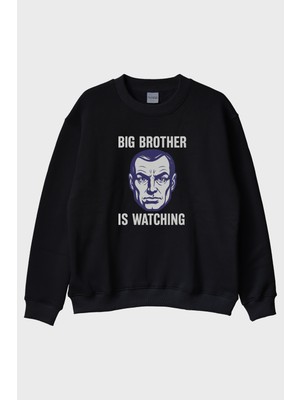 Lofux Big Brother Is Watching Baskılı Distopik Siyah Bisiklet Yaka Sweatshirt