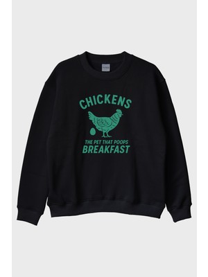 Lofux The Chıckens Tasarımı Baskılı Siyah Bisiklet Yaka Sweatshirt