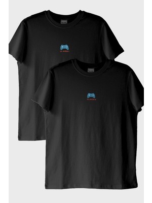 Lofux Player 1 ve Player 2 Çift Kombin Siyah T-Shirt - Sevgililer Günü Hediyesi - Gamer, Oyuncu Hediyesi