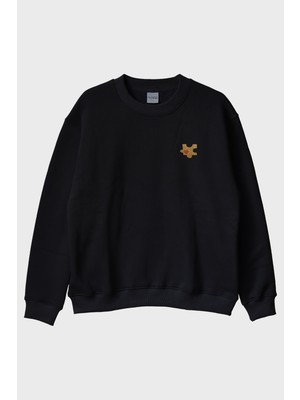 Lofux Sarı Puzzle Parçası Desenli Nakış Bisiklet Yaka Sweatshirt - Sevgililer Günü Çift Tişörtü