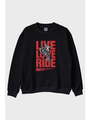 Lofux Live Love Ride Baskılı Motosiklet Siyah Bisiklet Yaka Sweatshirt