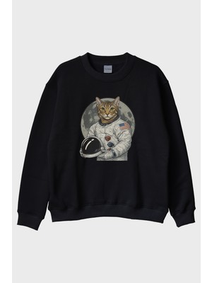 Lofux Astronot Kedi Siyah Bisiklet Yaka Sweatshirt