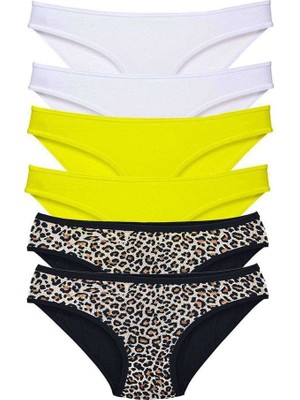 Sungur's Store 6 Adet Likralı Kadın Slip Külot Leopar Beyaz Sarı