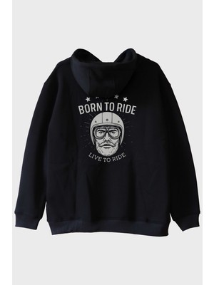 Lofux Born To Ride Live To Road Baskılı Motosiklet Temalı Siyah Hoodie