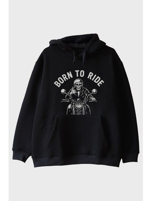 Lofux Born To Rıde Motosiklet Temalı Baskılı Siyah Hoodie