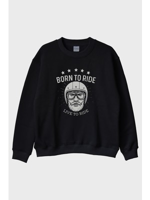 Lofux Born To Ride Live To Road Baskılı Motosiklet Temalı Siyah Bisiklet Yaka Sweatshirt