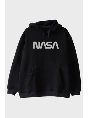 Lofux Nasa Baskılı Minimalist Tasarım Siyah Hoodie