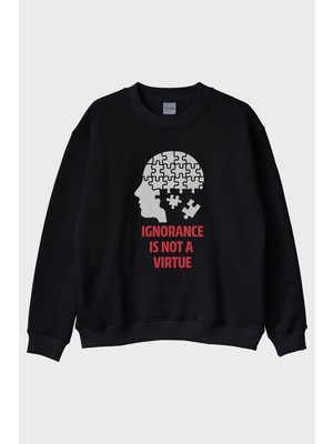 Lofux Ignorance Is Not A Virtue Baskılı Puzzle Siyah Bisiklet Yaka Sweatshirt