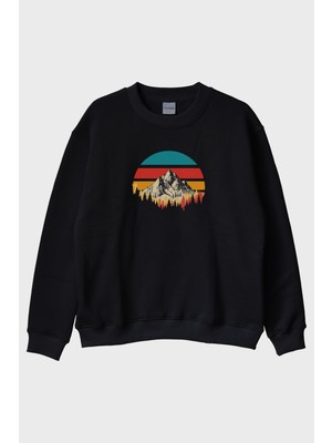 Lofux Retro Dağ Manzaralı Baskılı Minimalist Siyah Bisiklet Yaka Sweatshirt