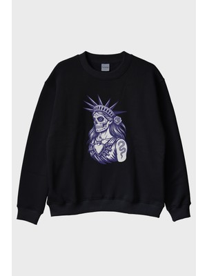 Lofux Özgürlük Heykeli Stilinde Illüstrasyonlu Baskılı Siyah Bisiklet Yaka Sweatshirt
