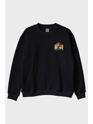 Lofux Retro Palmiye ve Sörf Baskılı Siyah Bisiklet Yaka Sweatshirt