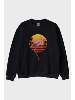 Lofux Retro Flamingo Baskılı Siyah Bisiklet Yaka Sweatshirt
