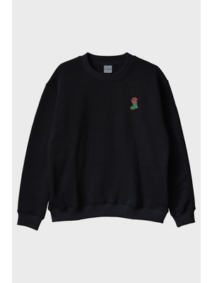 Lofux Noel Çorabı Siyah Bisiklet Yaka Sweatshirt