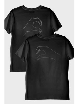 Lofux Kalp Eller Desenli Çift Kombini Siyah T-Shirt