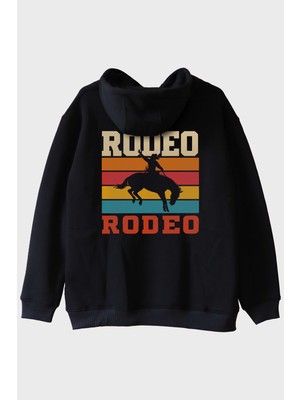 Lofux Rodeo Retro Vintage Baskılı Siyah Hoodie