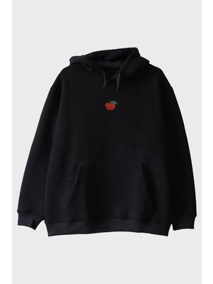 Lofux Kırmızı Elma Desenli Nakış Hoodie