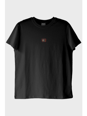 Lofux Retro Televizyon Desenli Nakış Siyah T-Shirt