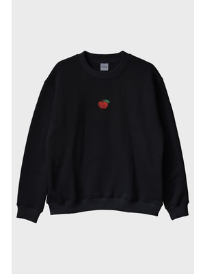 Lofux Kırmızı Elma Desenli Nakış Bisiklet Yaka Sweatshirt