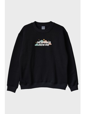 Lofux New Year New Me Siyah Bisiklet Yaka Sweatshirt