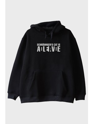 Lofux Schrödinger's Cat Alive Baskılı Bilim Tasarımlı Siyah Hoodie