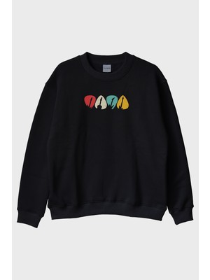 Lofux Renkli Gitar Penası Baskılı Siyah Bisiklet Yaka Sweatshirt