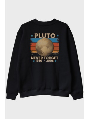 Lofux Pluto 'never Forget' Vintage Baskılı Siyah Bisiklet Yaka Sweatshirt