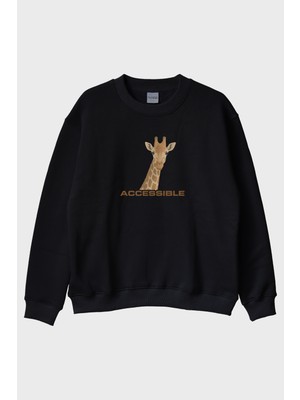 Lofux Accessible Zürafa Illüstrasyonlu Baskılı Siyah Bisiklet Yaka Sweatshirt