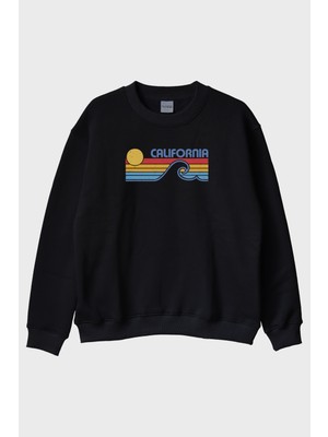 Lofux California Retro Dalga Baskılı Tasarım Siyah Bisiklet Yaka Sweatshirt