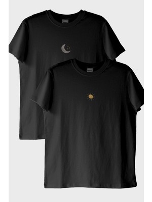 Lofux Ay ve Güneş Desenli Nakışlı Çift Kombin Siyah T-Shirt