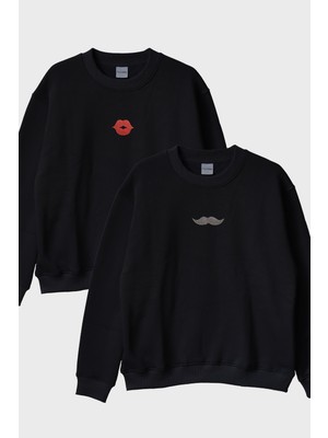 Lofux Dudak ve Bıyık Desenli Çift Kombin Bisiklet Yaka Sweatshirt