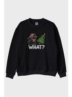 Lofux Noel Kedisi Siyah Bisiklet Yaka Sweatshirt