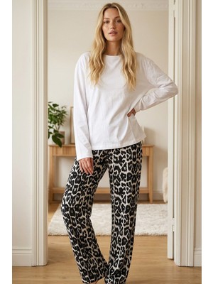 Siyah İnci Beyaz Leopar Desenli Örme Pamuklu Pijama Takımı 8028