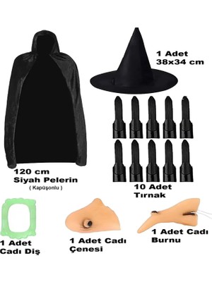 Sungur's Store Siyah Kapüşonlu Pelerin 120 cm Tırnaklar Diş Çene Burun ve Şapka Seti