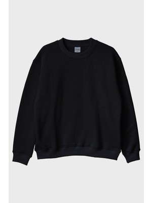 Lofux Siyah Basic Bisiklet Yaka Sweatshirt