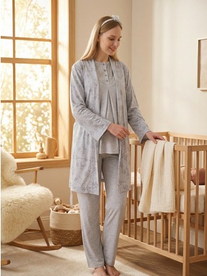 LOHUSSA Yeni Sezon Gri Desenli Yazlık Dantel Detaylı Düğmeli Kısa Kol Hamile Sabahlık Pijama Takım Seti