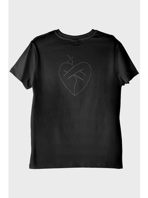 Lofux Gövde Kalp Desenli Nakış Siyah T-Shirt - Sevgililer Günü Hediyesi