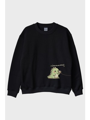 Lofux Sevimli Dinozor Siyah Bisiklet Yaka Sweatshirt