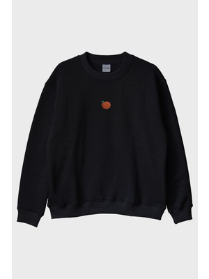 Lofux Şeftali Desenli Nakış Bisiklet Yaka Sweatshirt