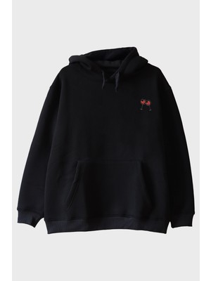 Lofux Kalpli Kadeh Desenli Nakış Hoodie - Sevgililer Günü Çift Tişörtleri