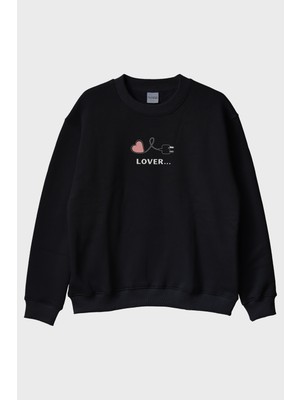 Lofux Lover Temalı Siyah Bisiklet Yaka Sweatshirt