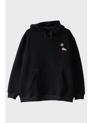 Lofux Benden Sana Papatya Siyah Hoodie