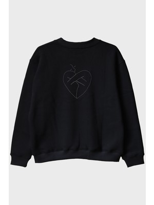 Lofux Gövde Kalp Desenli Nakış Bisiklet Yaka Sweatshirt - Sevgililer Günü Hediyesi
