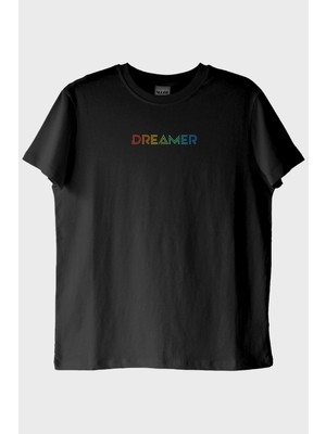 Lofux Dreamer Renkli Yazılı Siyah Tişört