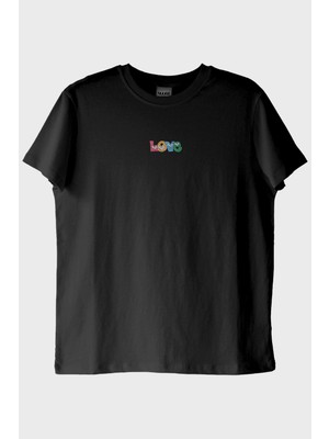 Lofux Love Desenli Nakış Siyah T-Shirt - Sevgililer Günü Tasarımı