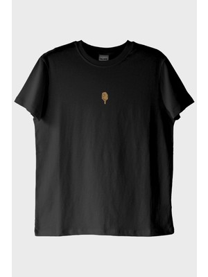 Lofux Altın Mikrofon Işlemeli Müzik Siyah T-Shirt