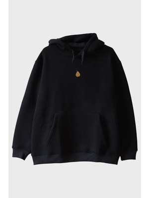 Lofux Armut Desenli Nakış Siyah Hoodie