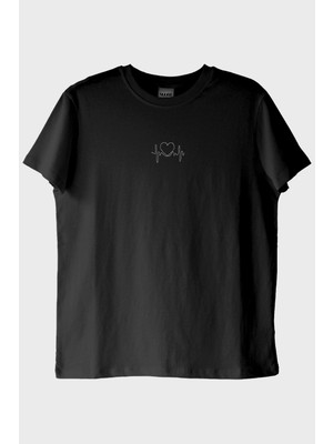 Lofux Kalpli Kalp Atışı Desenli Nakış Siyah T-Shirt - Sevgililer Günü Tasarımı