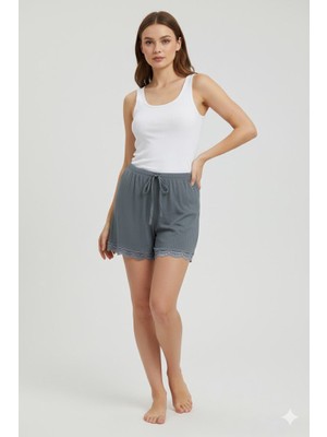 Sungur's Store Bambu Fitilli Kadın Ev Şortu Bacak Dantel Detaylı Ev Giyim Gri