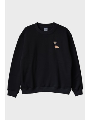 Lofux Benden Sana Papatya Siyah Bisiklet Yaka Sweatshirt